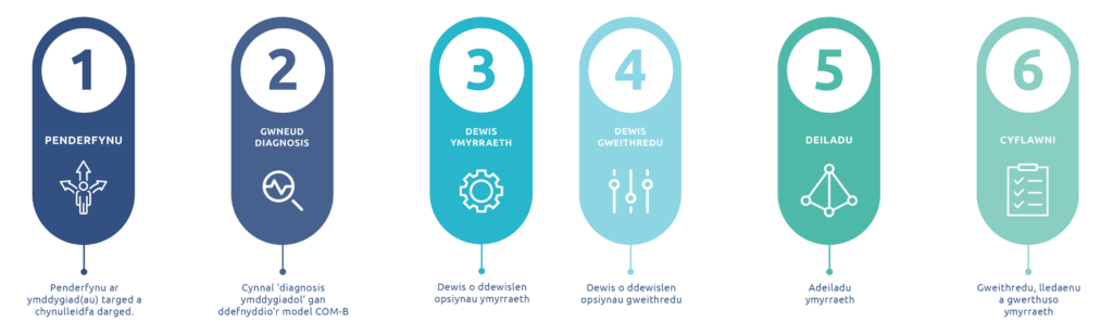 Rhes o chwe egwyddor wedi'u rhifo mewn gwyddor ymddygiad: 1. Penderfynu, 2. Gwneud Diagnosis, 3. Dewis Ymyrraeth, 4. Dewis Gweithrediad, 5. Adeiladu, 6. Cyflawni. Mae gan bob egwyddor eicon a disgrifiad byr