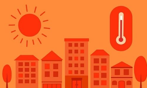 Tai, adeiladau a choed wedi’u darlunio. Haul a thermomedr. Illustrated houses, buildings and tree's. A sun and a themometer