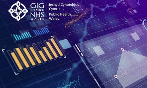 Arddangosfa ddyfodolaidd yn dangos siartiau bar a graffeg eraill. Futuristic display showing bar charts and other graphics