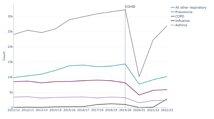 Emergency admissions for respiratory disease by type, count